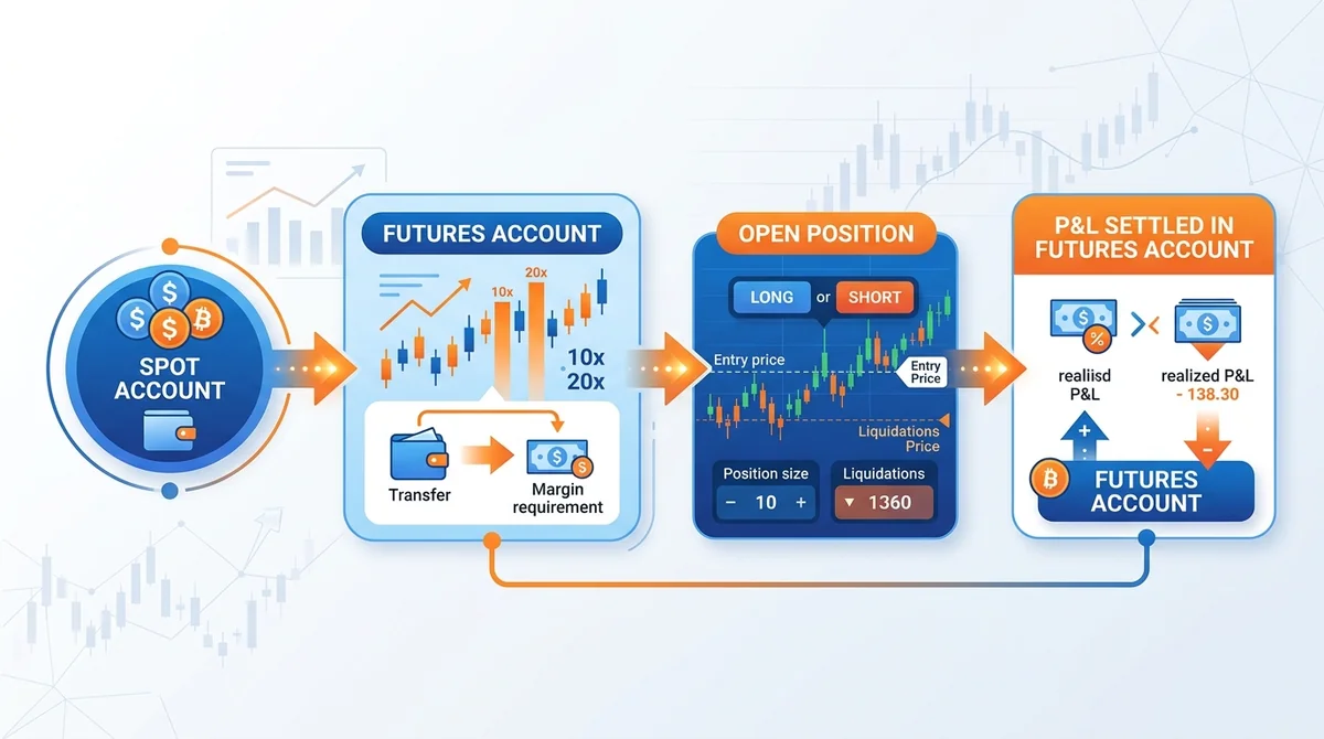 Wide 16:9 horizontal infographic, flow diagram with three steps: 'Spot Account' with arrow to 'Futures Account', then arrow t