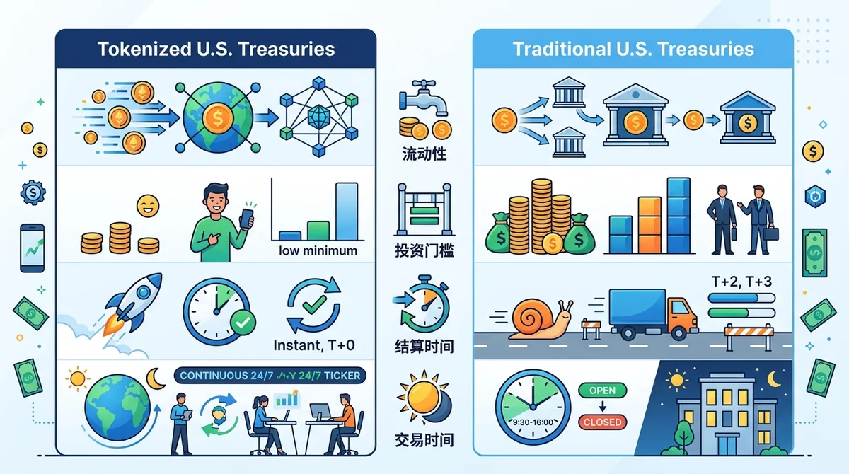 代币化国债与传统国债对比图表:对比流动性、投资门槛、结算时间、交易时间等维度