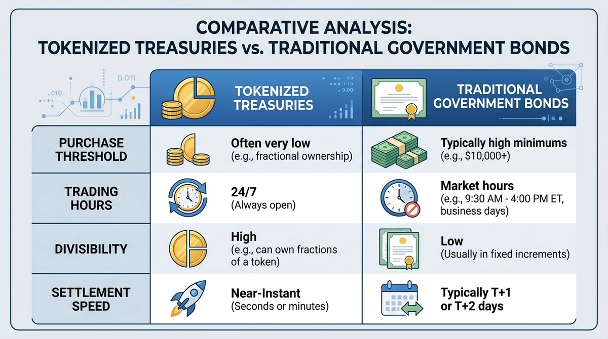 Wide 16:9 horizontal table infographic comparing tokenized treasuries and traditional government bonds, rows for purchase thr