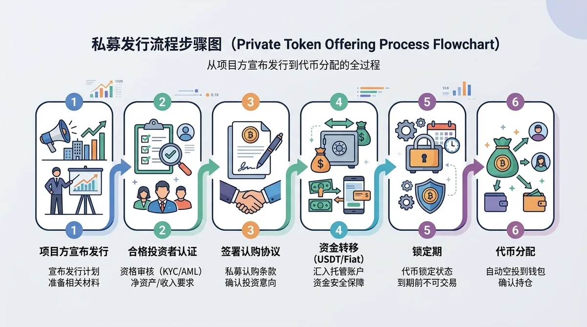 私募发行流程步骤图:从项目方宣布发行到代币分配,包含合格投资者认证、签署协议、资金转移、锁定期等步骤
