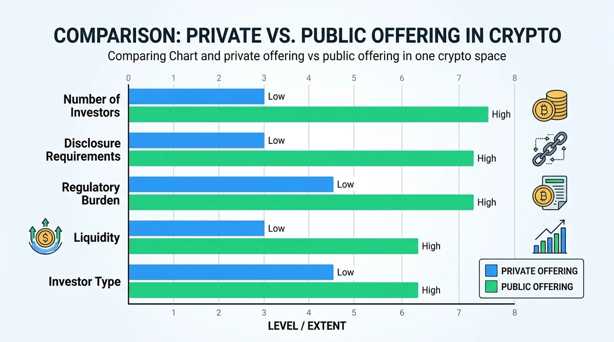 Horizontal bar chart comparing private offering and public offering in crypto, categories on y-axis: number of investors, dis