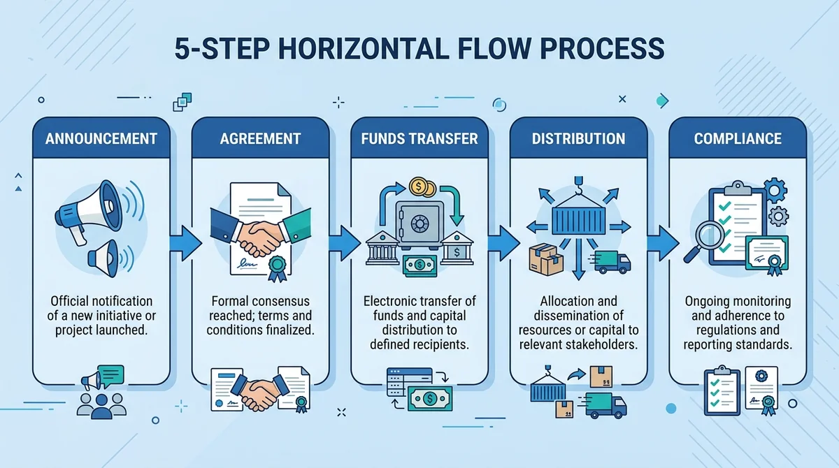 Horizontal flow infographic with 5 connected steps: Announcement, Agreement, Funds transfer, Distribution, Compliance; each s