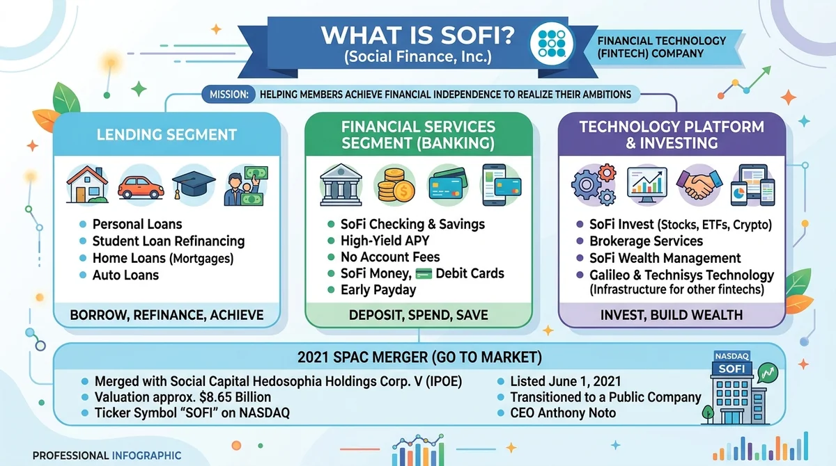 Infographic summarizing what SoFi is and its business segments (lending, banking, investing), with key facts about the 2021 S