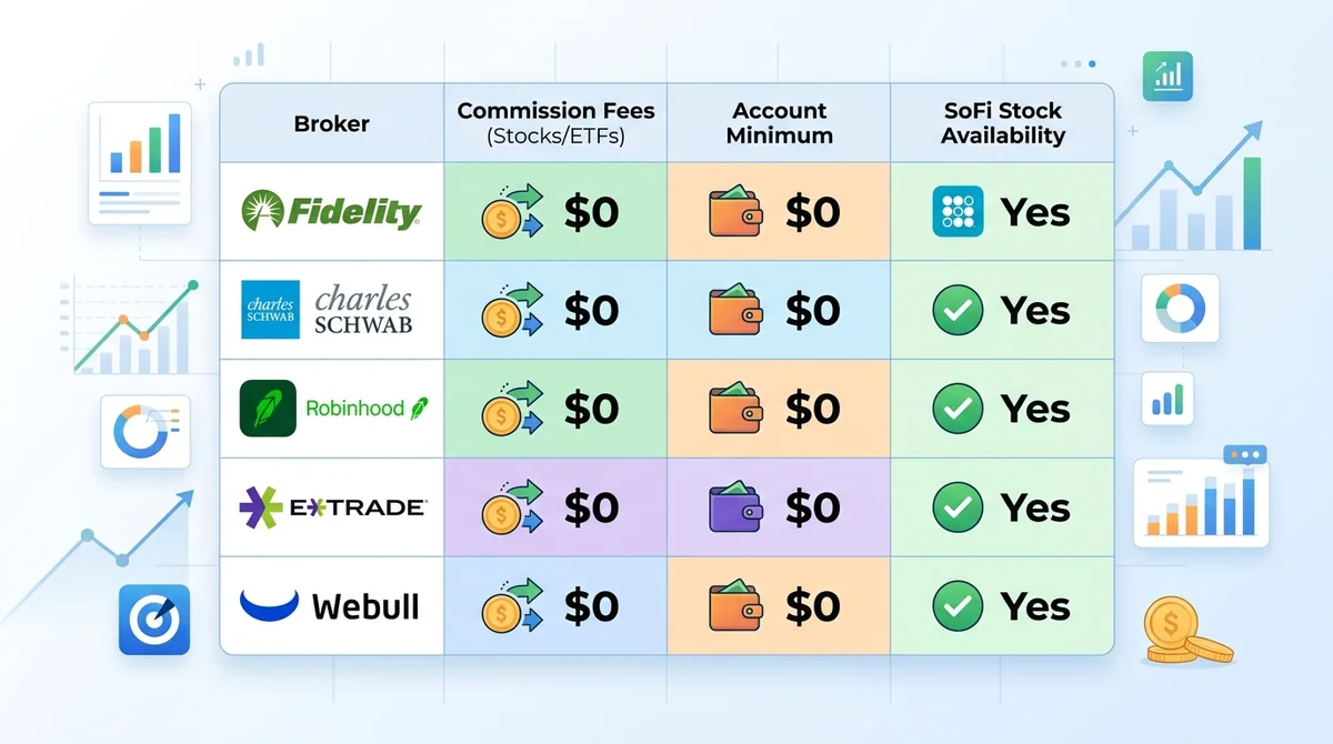 Comparison table of 5 major online brokers (Fidelity, Charles Schwab, Robinhood, E*TRADE, Webull) showing commission fees, ac