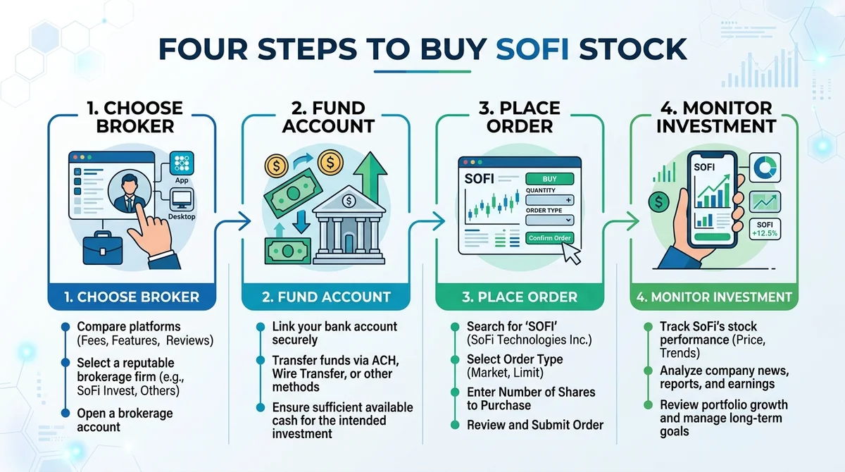 Wide 16:9 horizontal infographic, four steps to buy SoFi stock shown as a flow diagram with icons: Choose Broker, Fund Accoun
