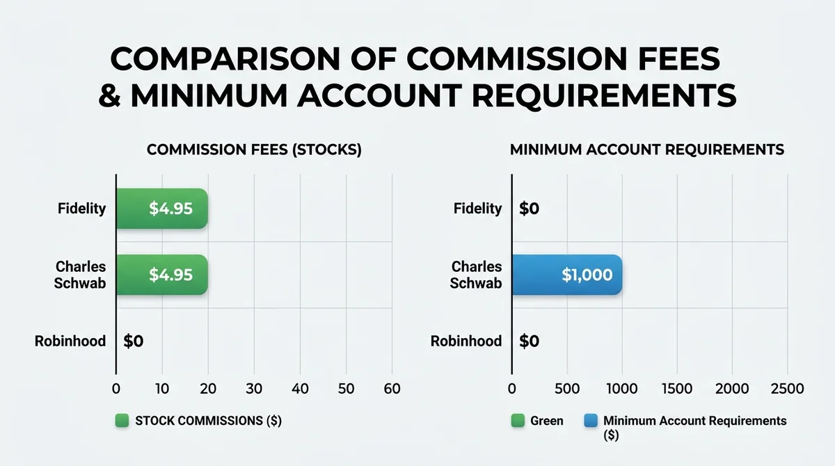 Wide 16:9 horizontal bar chart comparing commission fees and minimum account requirements for Fidelity, Charles Schwab, and R