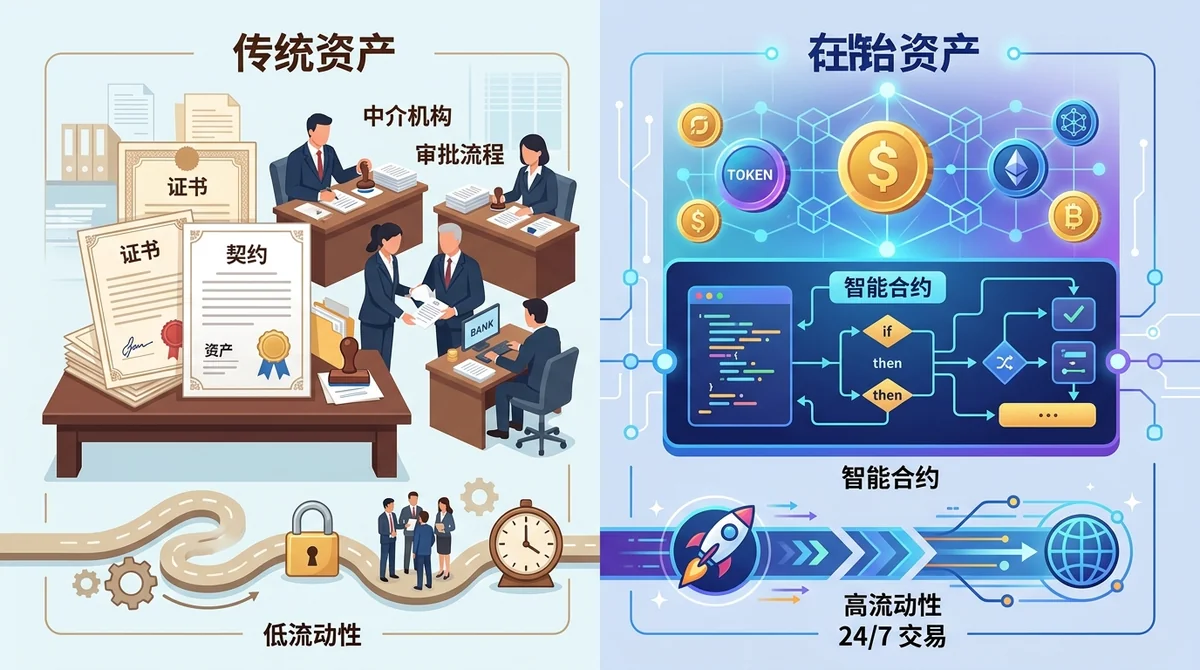 资产上链与传统资产对比图:左侧传统资产(纸质证书、中介、低流动性),右侧上链资产(数字代币、智能合约、高流动性)