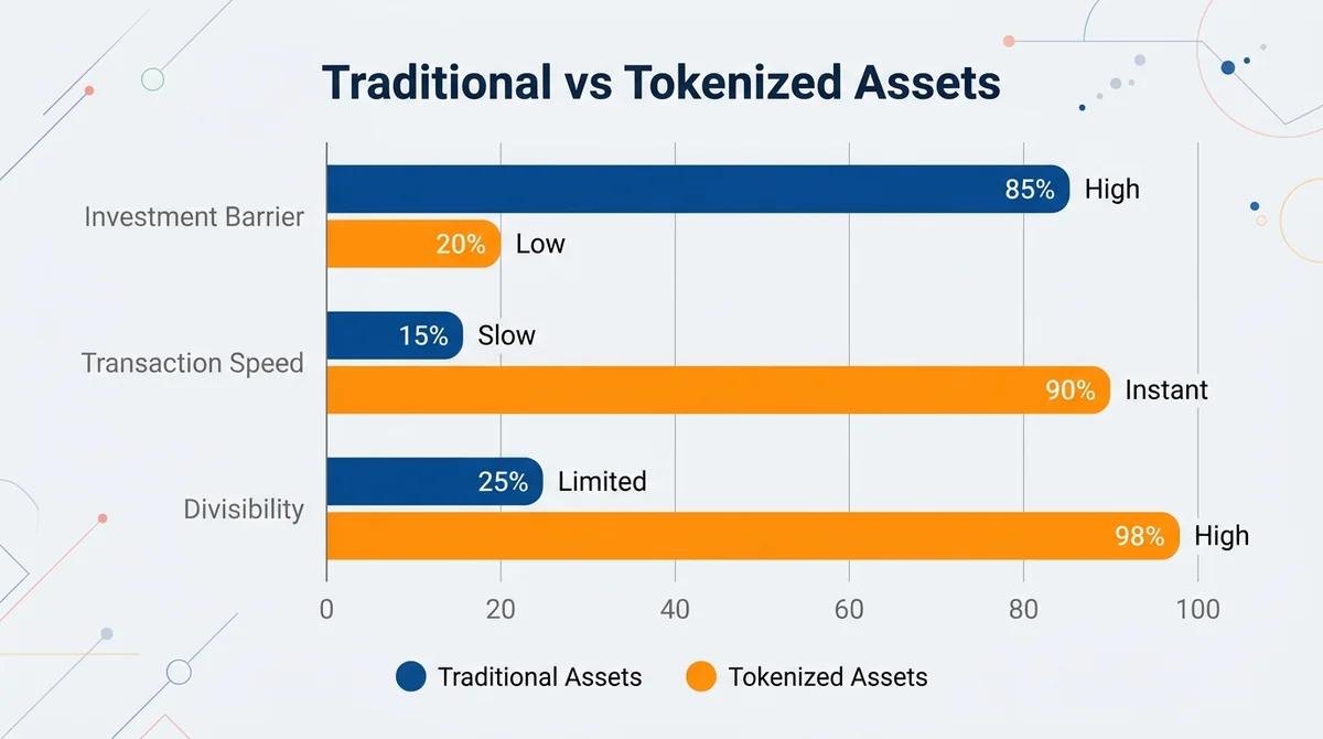 Wide 16:9 horizontal bar chart, comparing traditional assets and tokenized assets on three metrics: investment barrier, trans