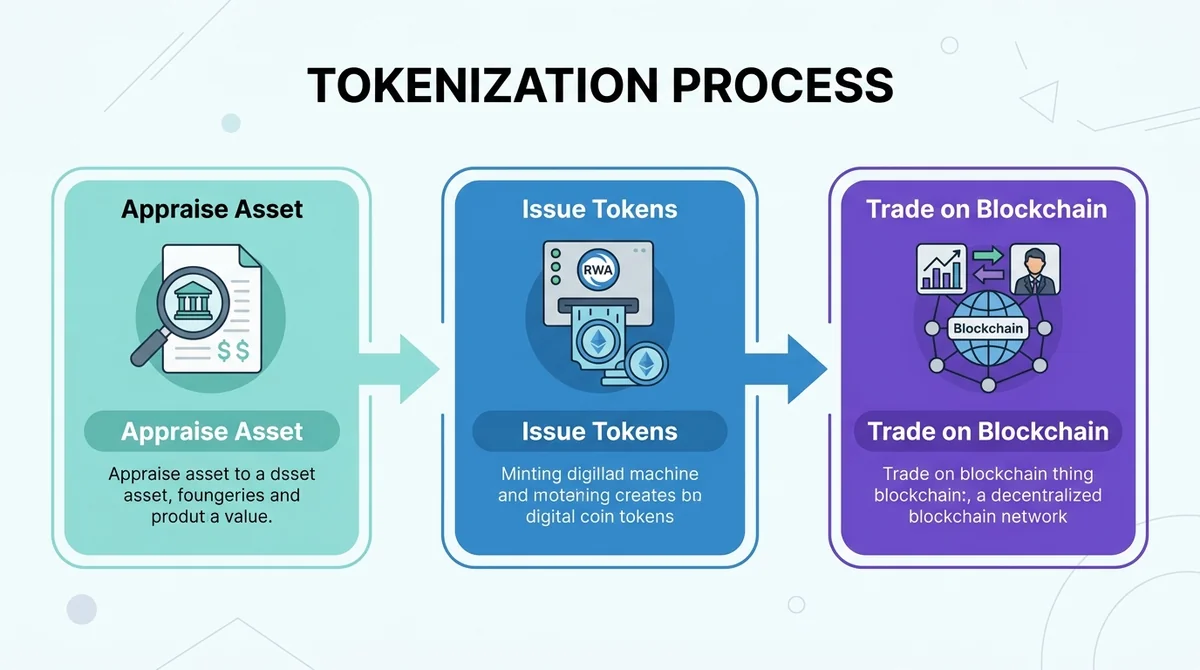 Wide 16:9 horizontal flow diagram, three steps from left to right: 'Appraise Asset', 'Issue Tokens', 'Trade on Blockchain', c