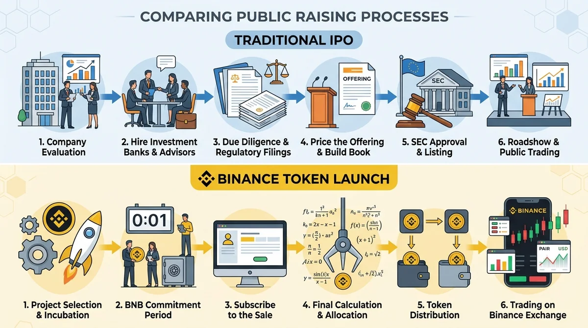 Flowchart explaining the difference between a traditional IPO and a Binance token launch, showing steps for each path