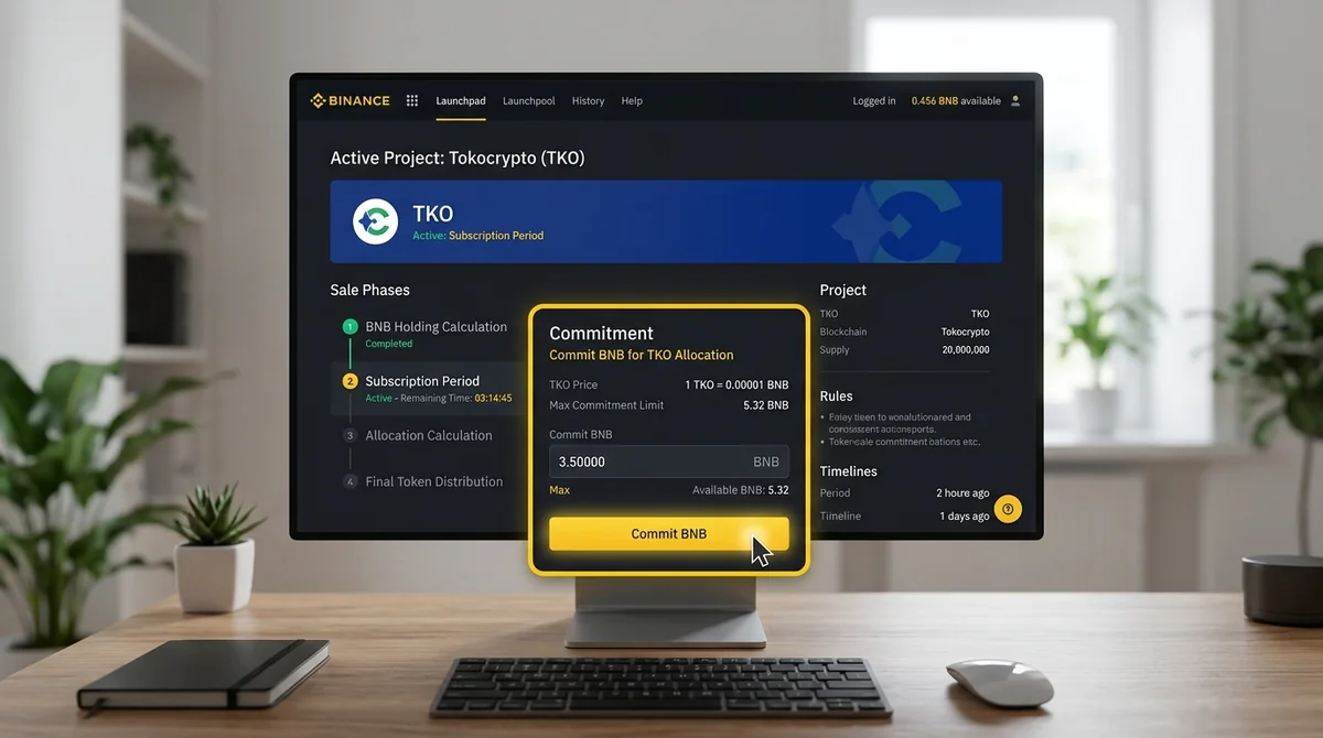 Screenshot of Binance Launchpad interface showing an active token sale with BNB commitment section highlighted