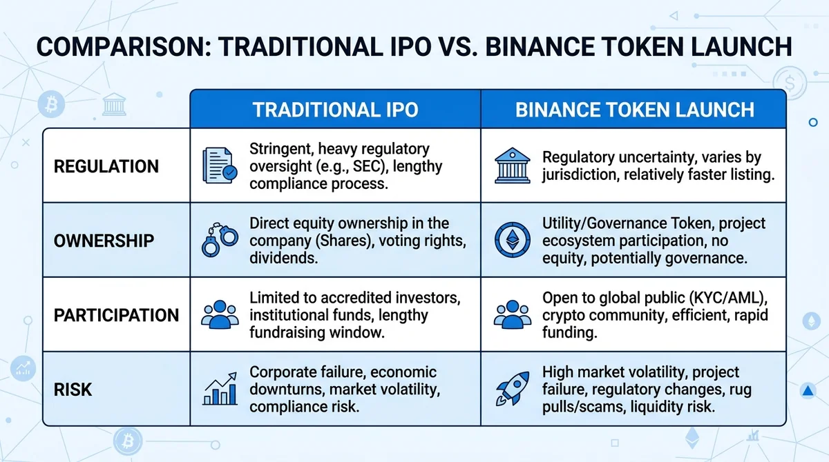 Wide 16:9 horizontal comparison table, two columns labeled 'Traditional IPO' and 'Binance Token Launch', rows for regulation,