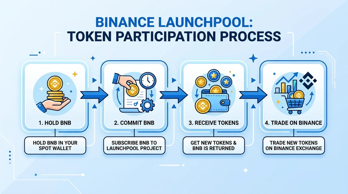 Wide 16:9 horizontal flow diagram, four steps connected by arrows: Hold BNB, Commit BNB, Receive Tokens, Trade on Binance, fl