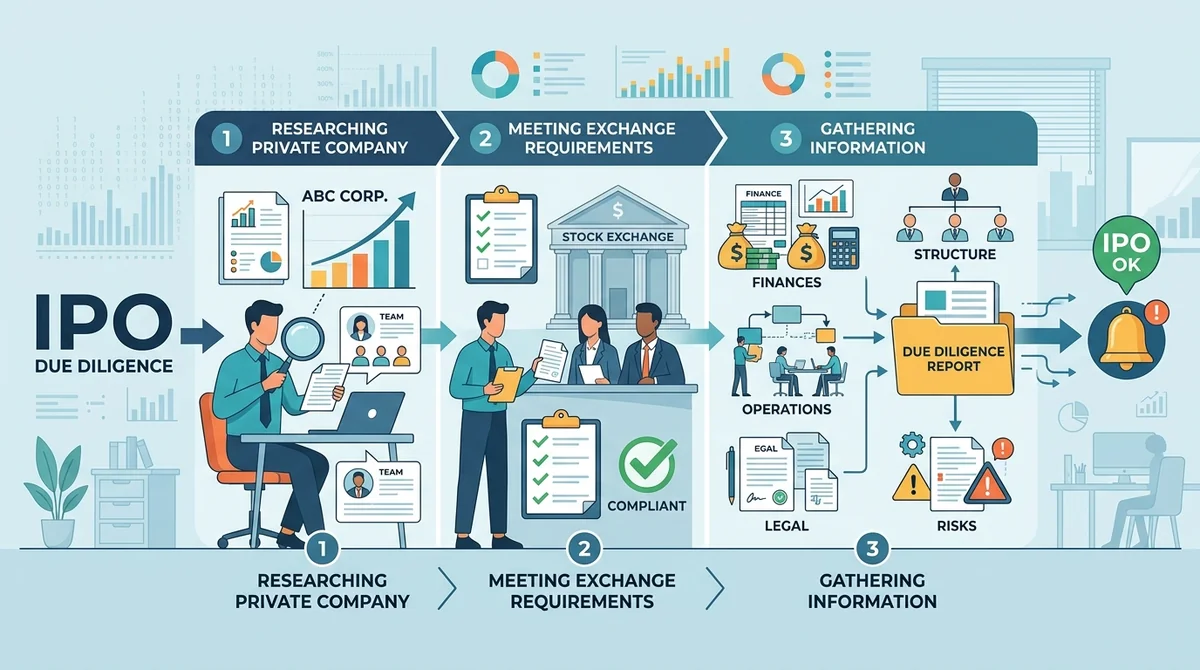 Simple definition of IPO due diligence: a visual summary of the definition with key elements (researching private company, me