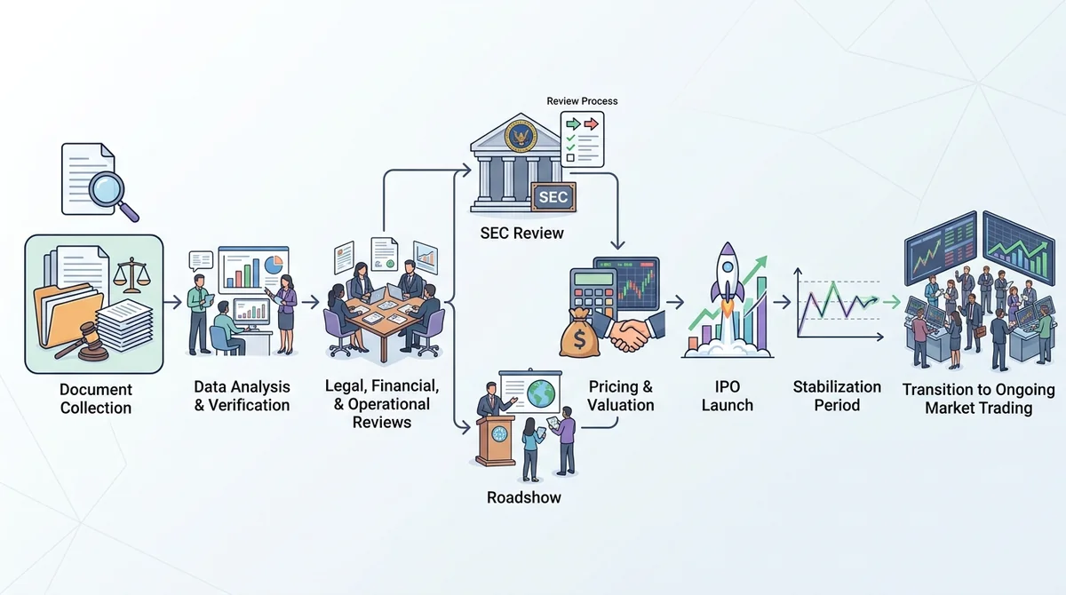 IPO due diligence process flowchart: steps from document collection to SEC review, roadshow, pricing, launch, stabilization,