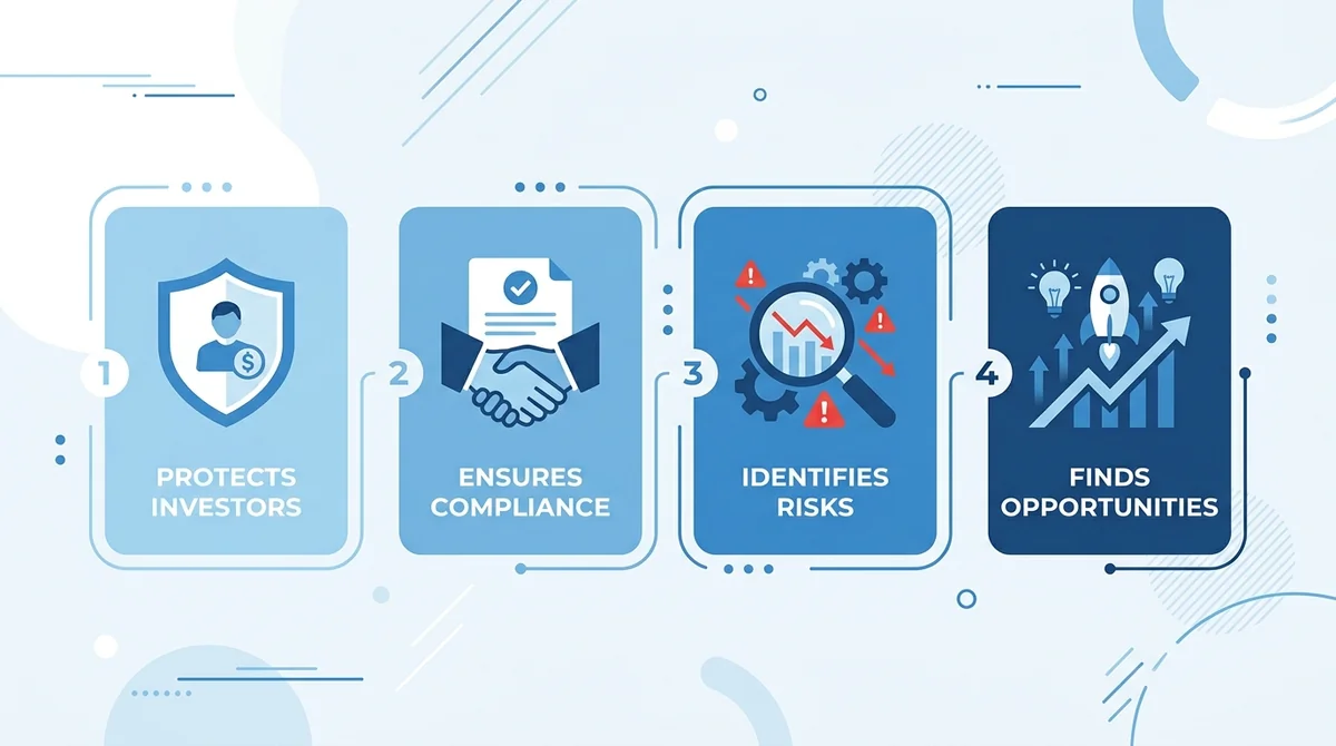 Wide 16:9 horizontal infographic, four icon cards in a row, each with a simple flat icon and a short English label: 'Protects
