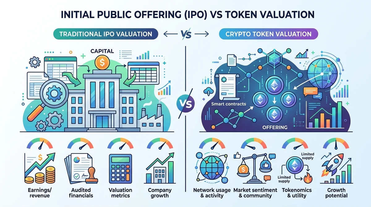 Infographic explaining the concept of IPO valuation in crypto, showing a comparison between traditional IPO valuation and tok