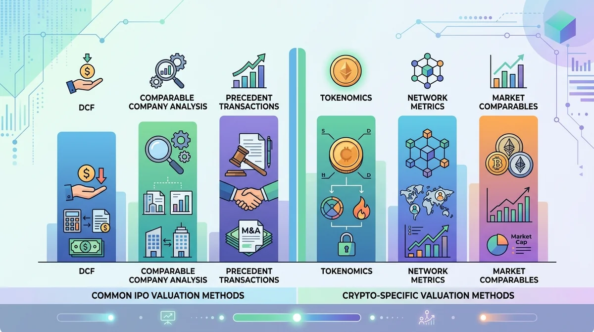 Bar chart comparing common IPO valuation methods (DCF, comparable company analysis, precedent transactions) with crypto-speci