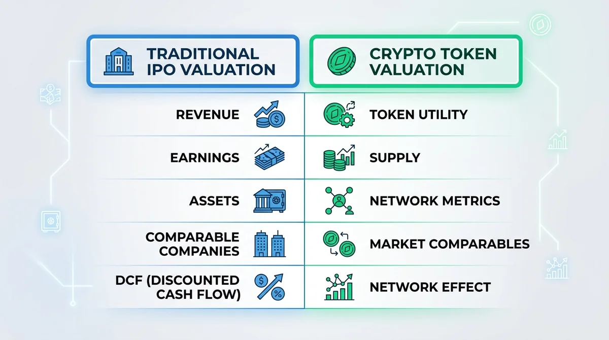 Clean comparison table, two columns labeled 'Traditional IPO Valuation' and 'Crypto Token Valuation', rows listing key factor