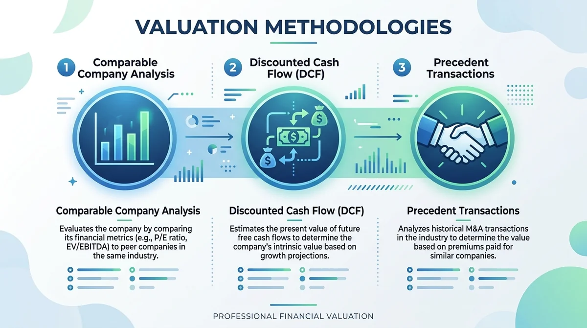Infographic with three sections, each with an icon and brief description: Comparable Company Analysis (bar chart icon), Disco