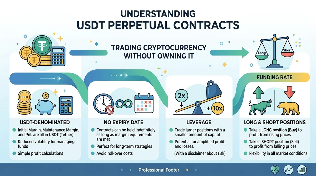 Infographic explaining what a USDT perpetual contract is: key features (USDT-denominated, no expiry, long/short) with icons a