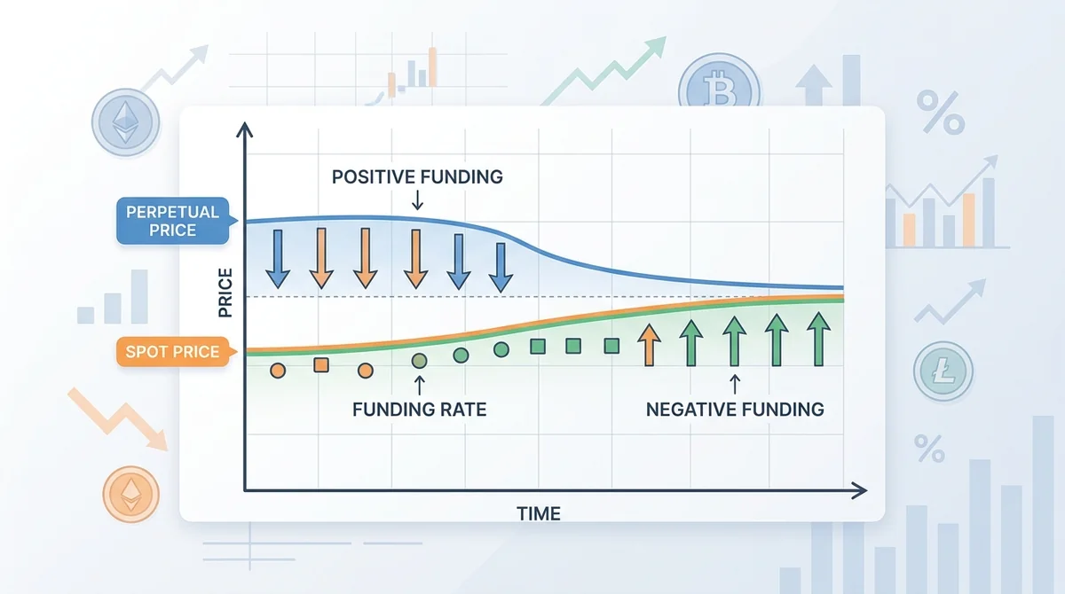 Chart illustrating how funding rate works: showing the relationship between perpetual price and spot price, and how funding r
