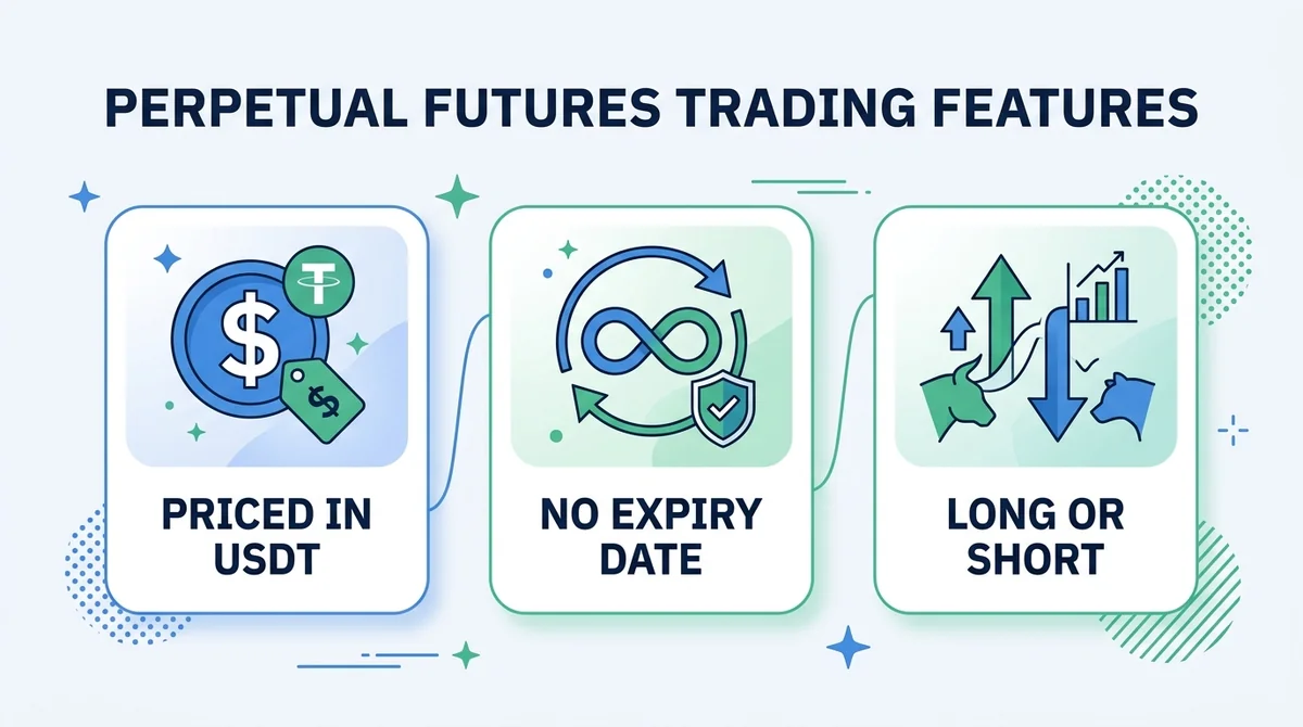 Wide 16:9 horizontal infographic, three clean icons with labels 'Priced in USDT', 'No Expiry Date', 'Long or Short', modern f