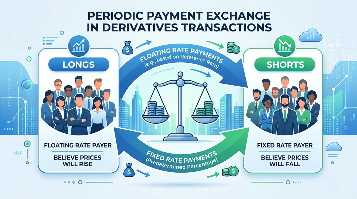 Wide 16:9 horizontal infographic, two groups labeled 'Longs' and 'Shorts' with arrows showing periodic payment exchange, bala