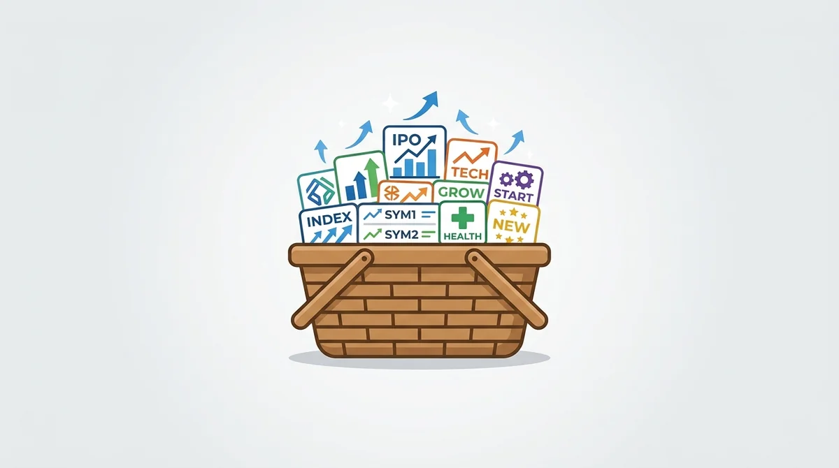 Simple icon illustrating the concept of an IPO index as a basket of newly listed companies. The icon shows a basket containin