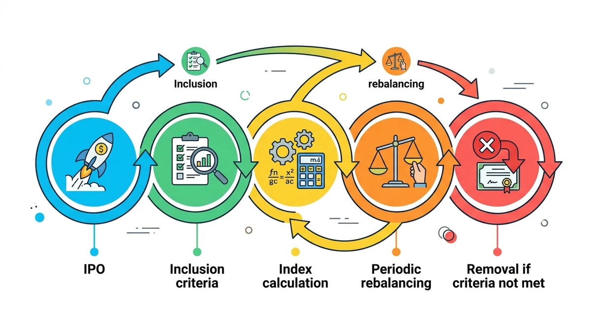Infographic explaining how an IPO index works: shows a circular flow with steps 'IPO', 'Inclusion criteria', 'Index calculati
