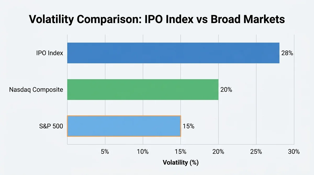 Bar chart comparing average annualized volatility of IPO Index (28%), S&P 500 (15%), and Nasdaq Composite (20%). Clean modern