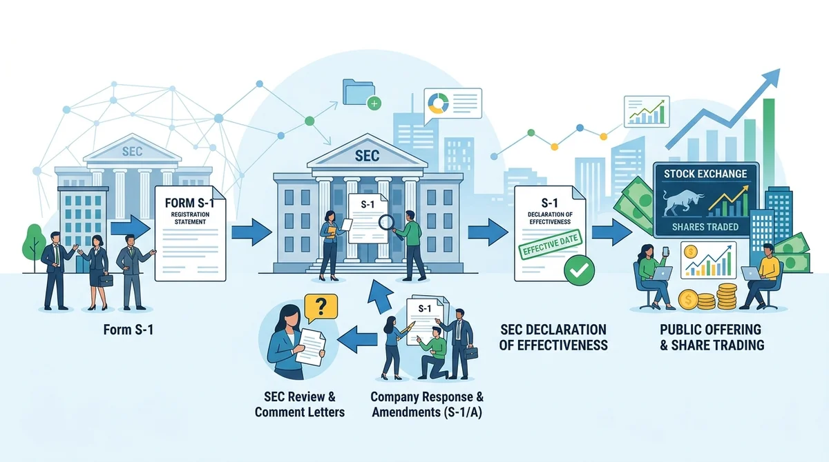 SEC IPO 流程步骤图：展示从提交 Form S-1、SEC 审查评论到注册生效并出售股份的流程
