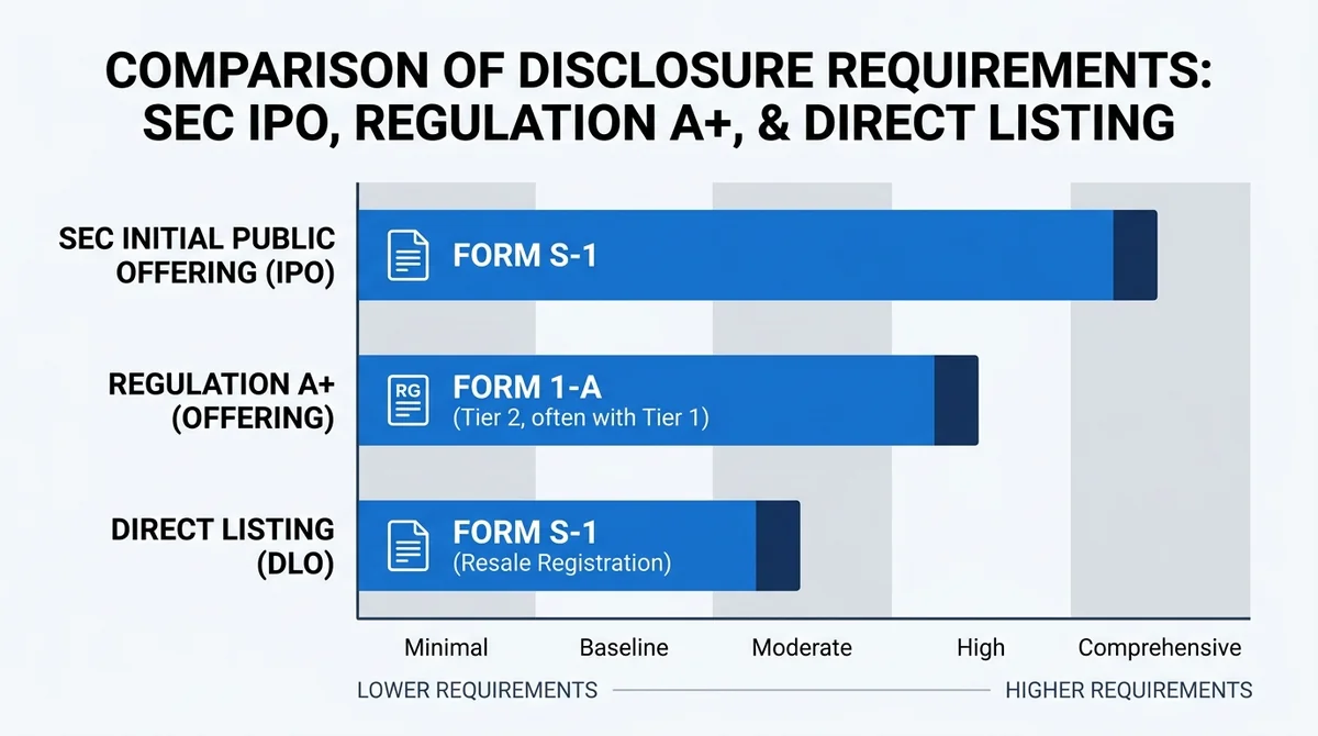 Wide 16:9 horizontal bar chart comparing disclosure requirements for SEC IPO, Regulation A+, and direct listing, bars labeled