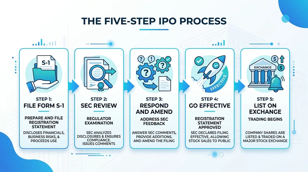 Wide 16:9 horizontal infographic, five-step flow diagram from left to right: File Form S-1, SEC Review, Respond and Amend, Go