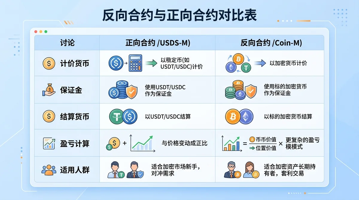 反向合约与正向合约对比表：对比计价货币、保证金、结算货币、盈亏计算等维度