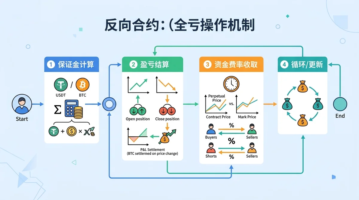反向合约运作机制流程图：展示保证金计算、盈亏结算、资金费率收取的完整流程