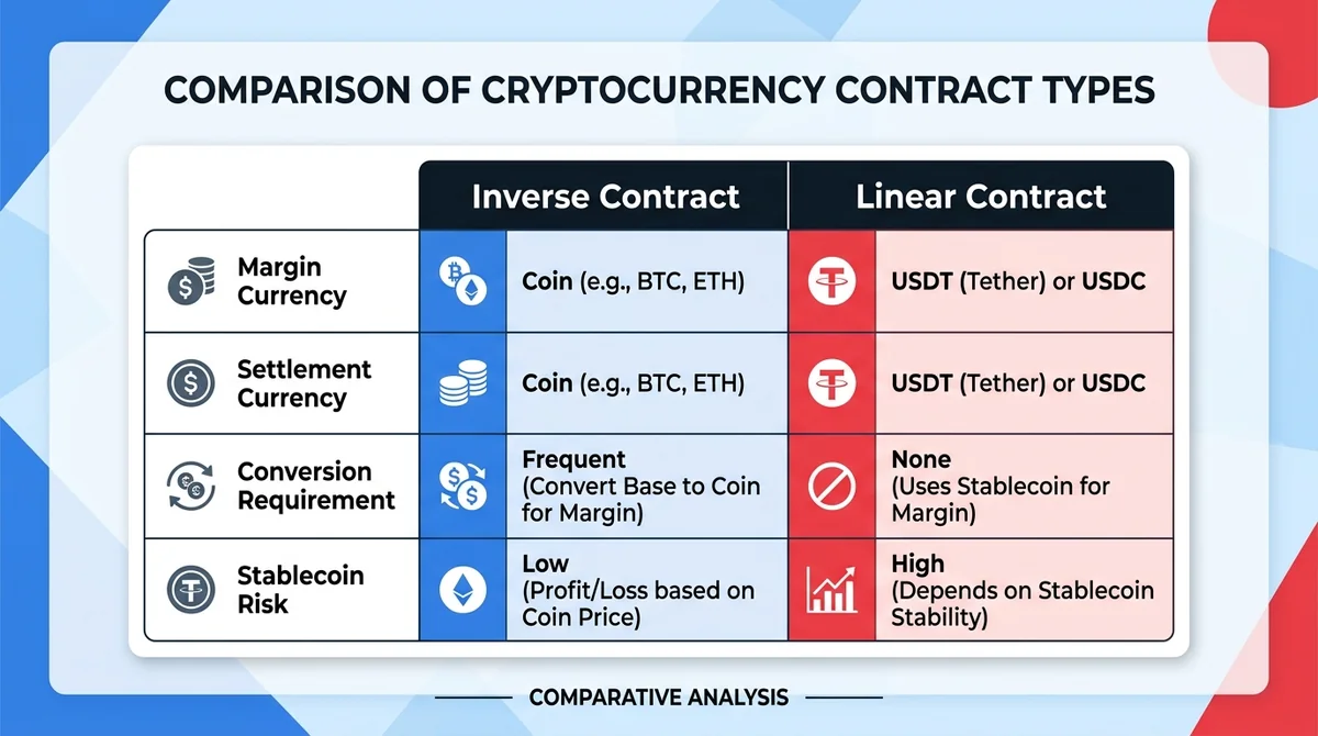 Wide 16:9 horizontal comparison chart, clean table with two columns labeled 'Inverse Contract' and 'Linear Contract', rows fo