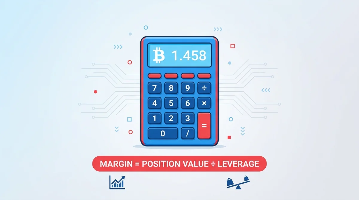 Flat icon design, calculator with Bitcoin symbol on screen, formula 'Margin = Position Value ÷ Leverage' below, modern flat s