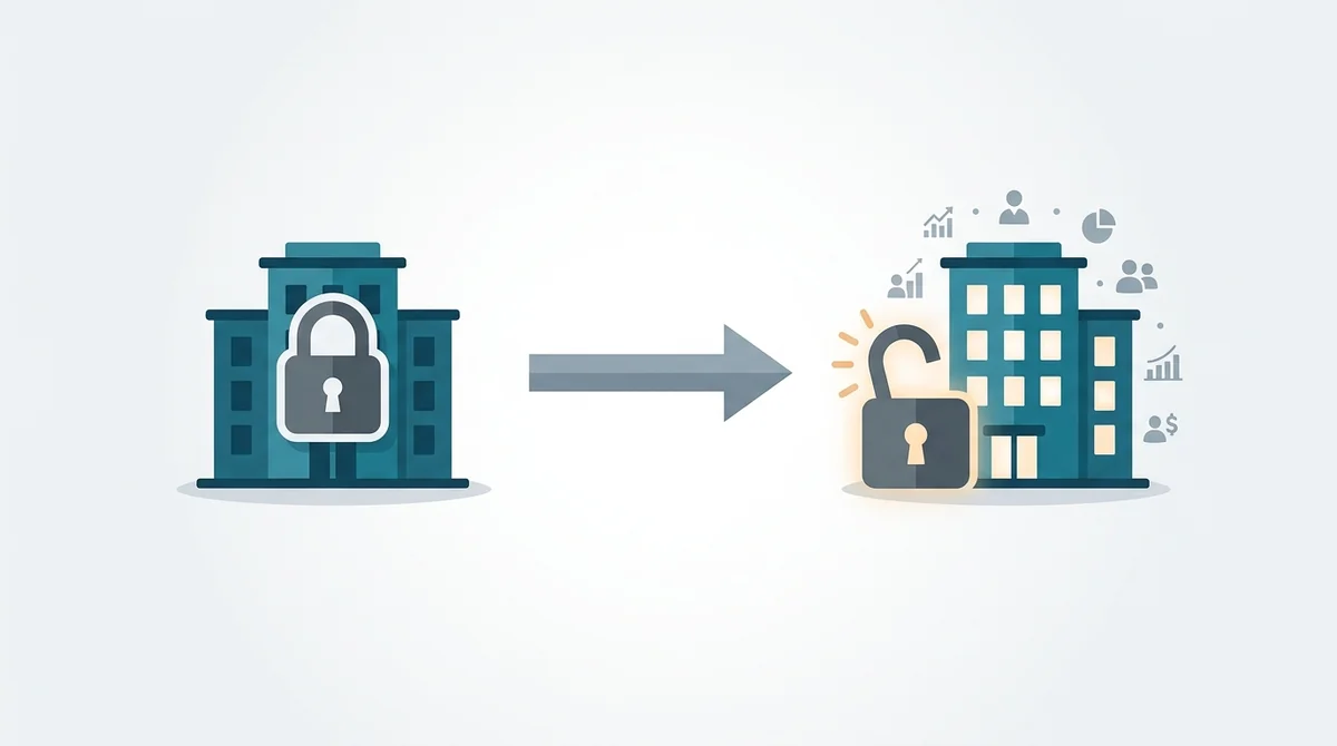 Simple icon showing a company transitioning from private to public, with a lock icon changing to an open lock