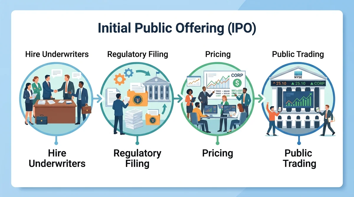 Step-by-step infographic of the IPO process: 1) Hire underwriters, 2) Regulatory filing, 3) Pricing, 4) Public trading