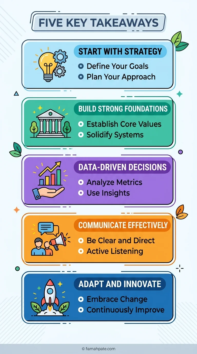 Vertical infographic, clean flat design, five key takeaway boxes with icons, bold English headings, all text in English only,