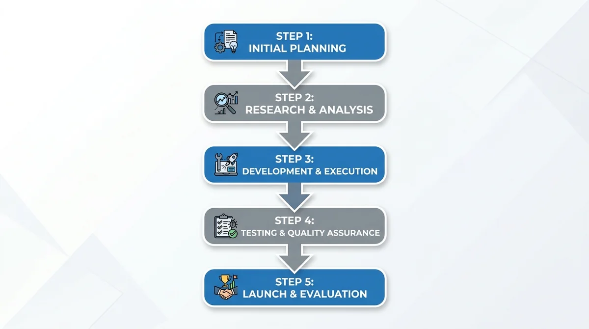 Vertical flow diagram with five steps, arrows connecting each step, clean flat design, bold English labels, all text in Engli