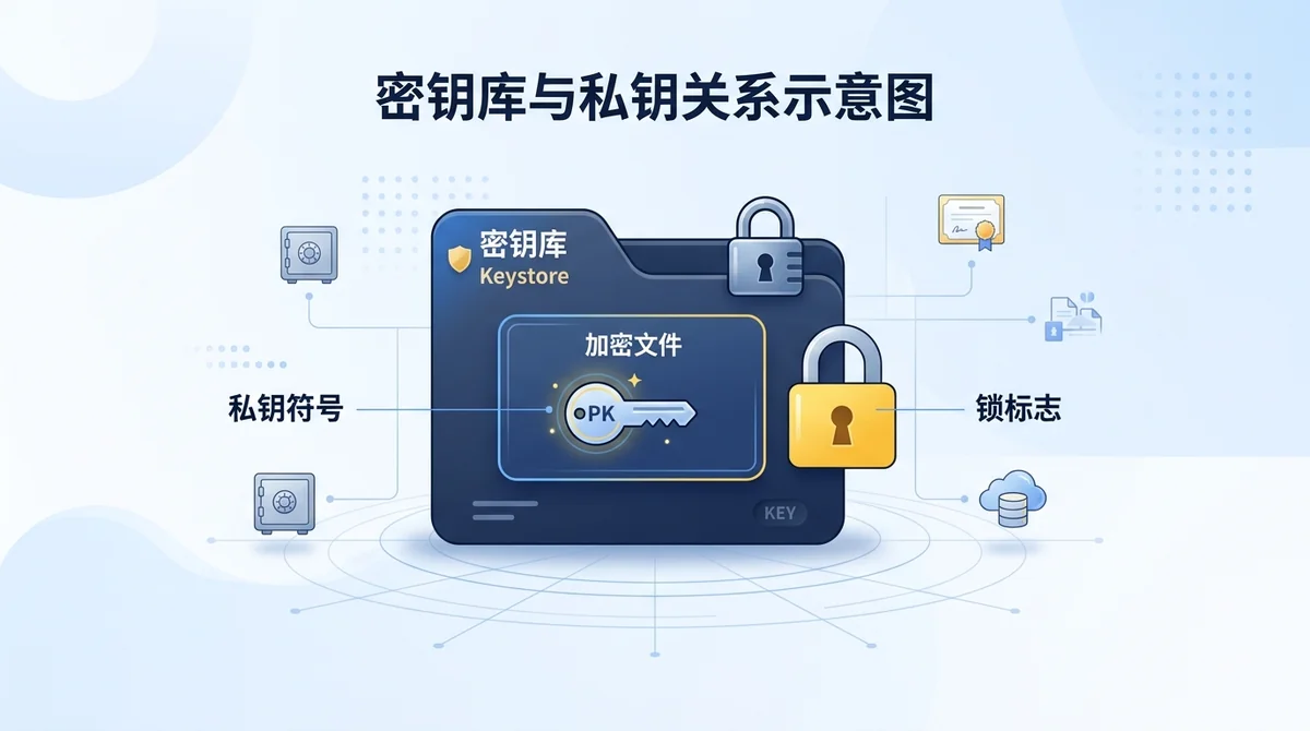 密钥库与私钥关系示意图:一个加密文件图标内包含私钥符号,外部有锁标志