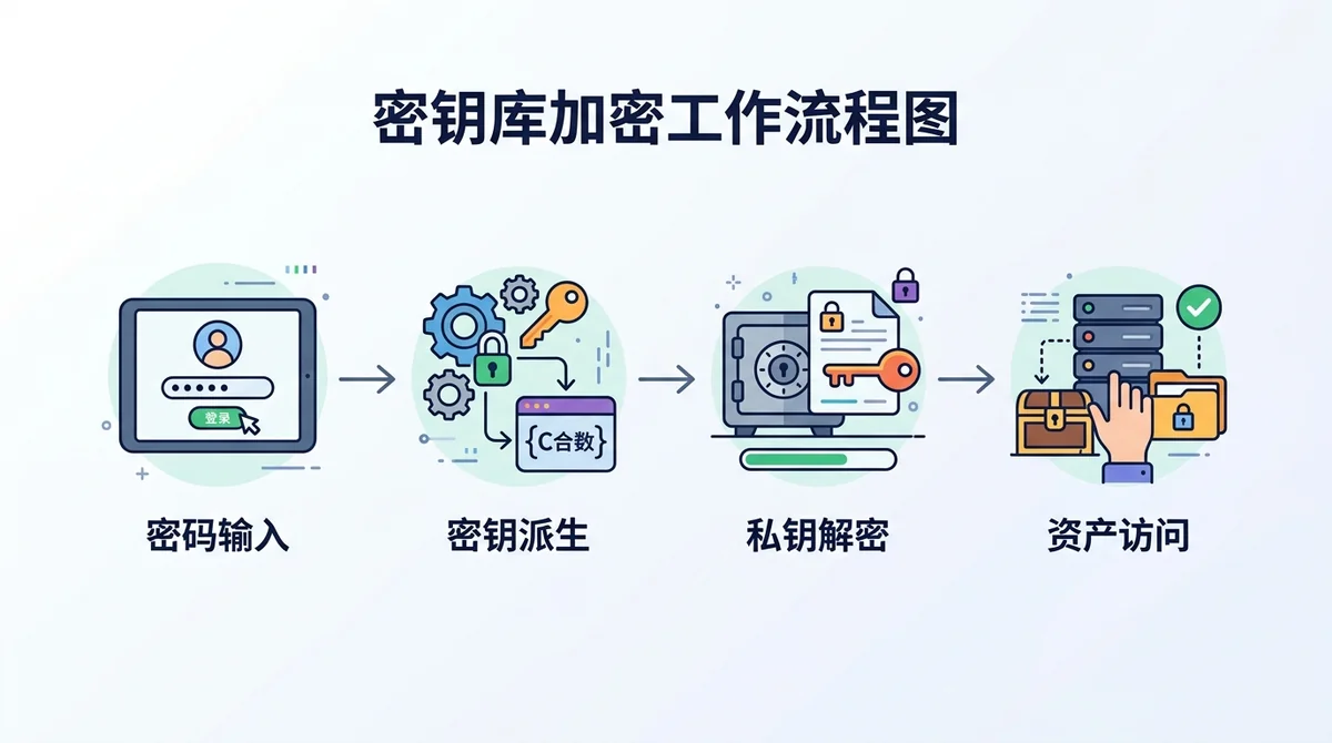 密钥库加密工作流程图:密码输入→密钥派生→私钥解密→资产访问,四个步骤横向排列