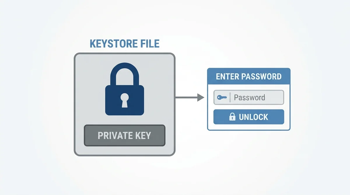 Flat diagram, a box labeled 'Keystore File' containing a locked icon and a smaller box labeled 'Private Key', a password fiel