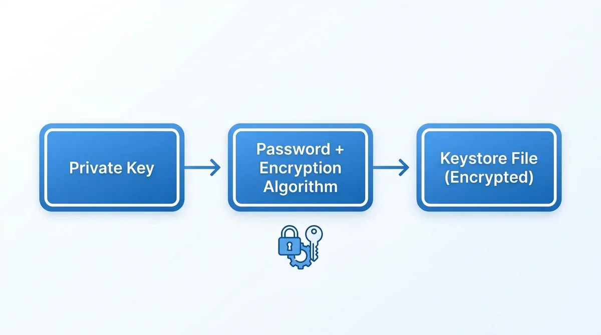Horizontal flowchart, three boxes connected by arrows: 'Private Key', 'Password + Encryption Algorithm', 'Keystore File (Encr