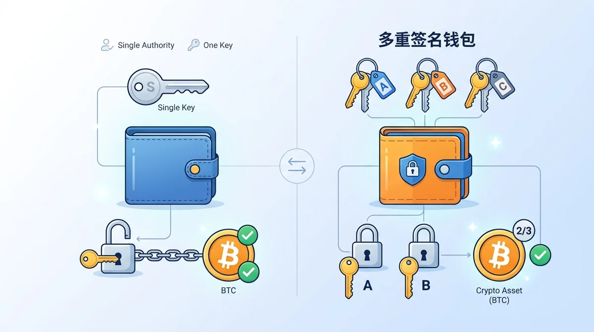 普通钱包与多重签名钱包对比示意图：左侧单个钥匙代表单签，右侧多个钥匙环代表多签，简洁图标风格