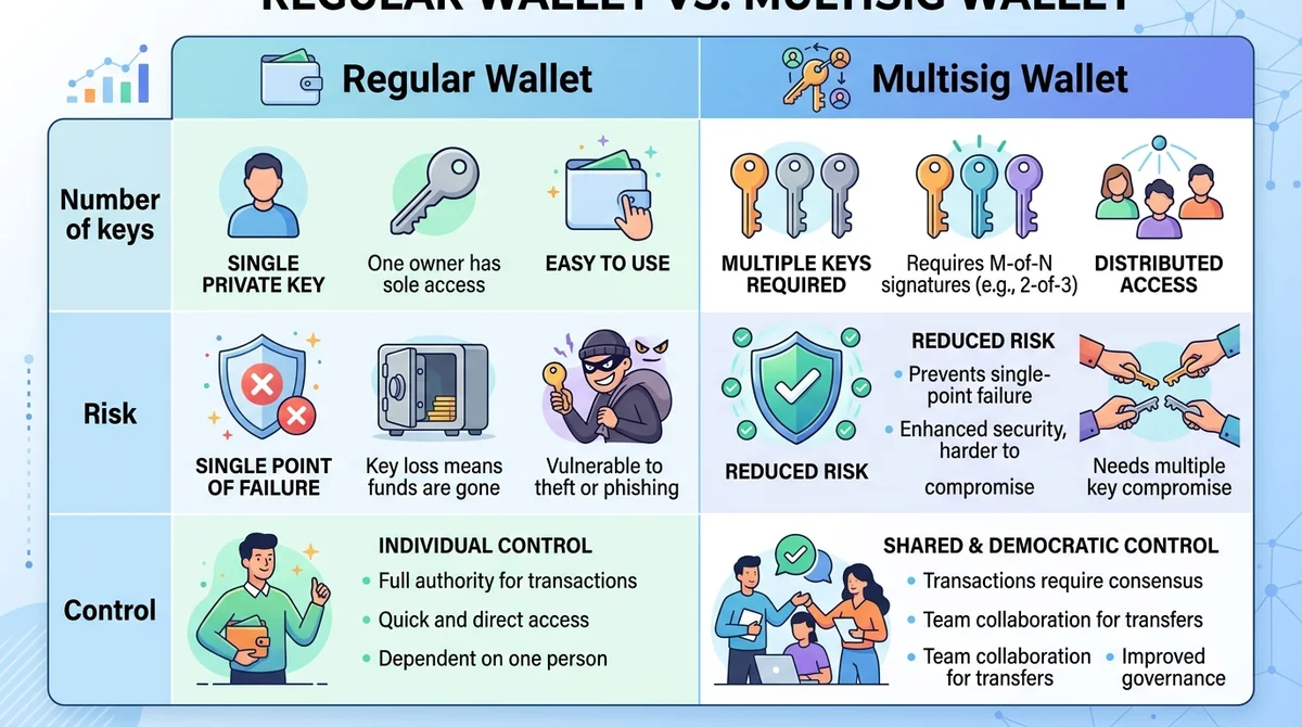 Wide 16:9 horizontal comparison chart, two columns labeled 'Regular Wallet' and 'Multisig Wallet', rows for 'Number of keys',