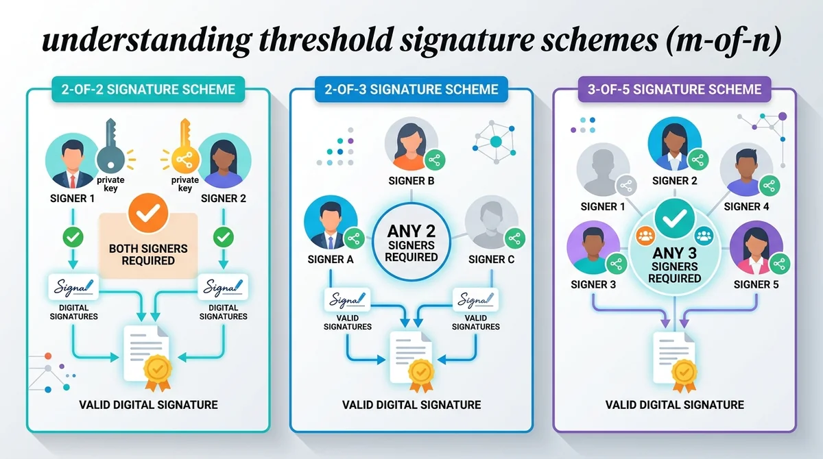 Wide 16:9 horizontal infographic, three panels showing 2-of-2, 2-of-3, and 3-of-5 signature schemes with key icons, clean fla