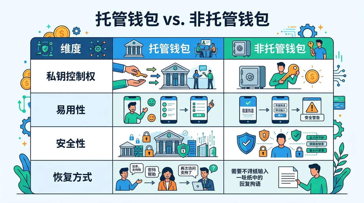 托管钱包与非托管钱包对比表格，包含私钥控制权、易用性、安全性、恢复方式等维度
